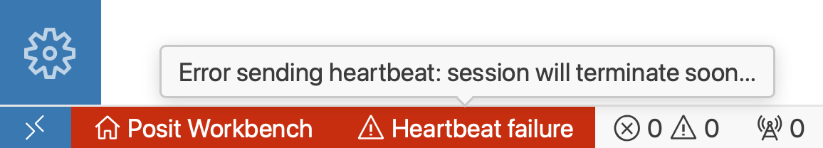 Error sending heartbeat: session will terminate soon... A screenshot of the Posit Workbench home button in the Positron IDE status bar. The bar is red and displays the error 'Heartbeat failure'. A tooltip of the status bar error reads: 'Error sending heartbeat: session will terminate soon...'