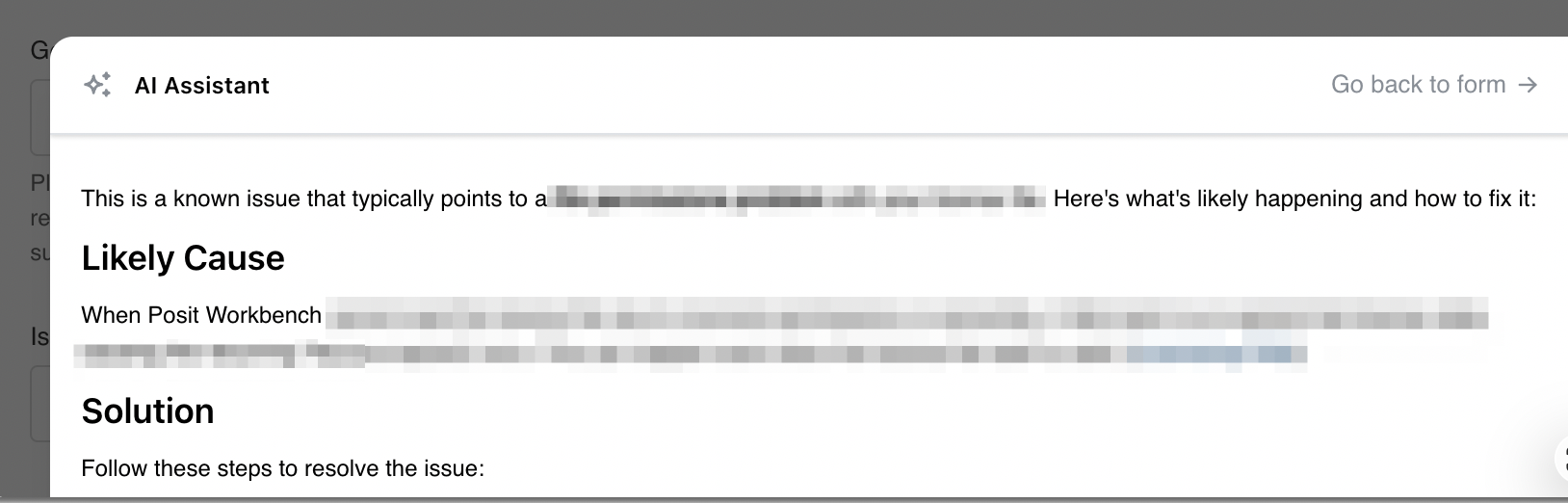 AI Assistant panel showing a response with Likely Cause and Solution sections for a Posit Workbench issue