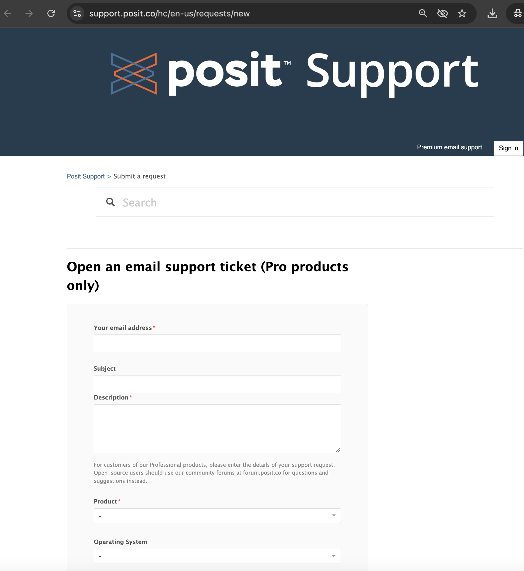 The Posit Support ticket submission form with fields for email address, subject, description, product, and operating system