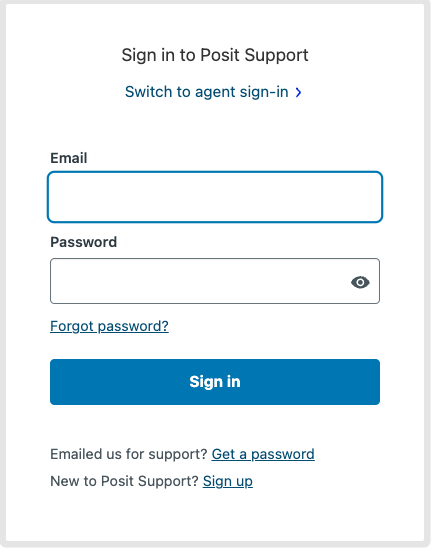 Sign in to Posit Support dialog with email and password fields, and links to sign up or get a password