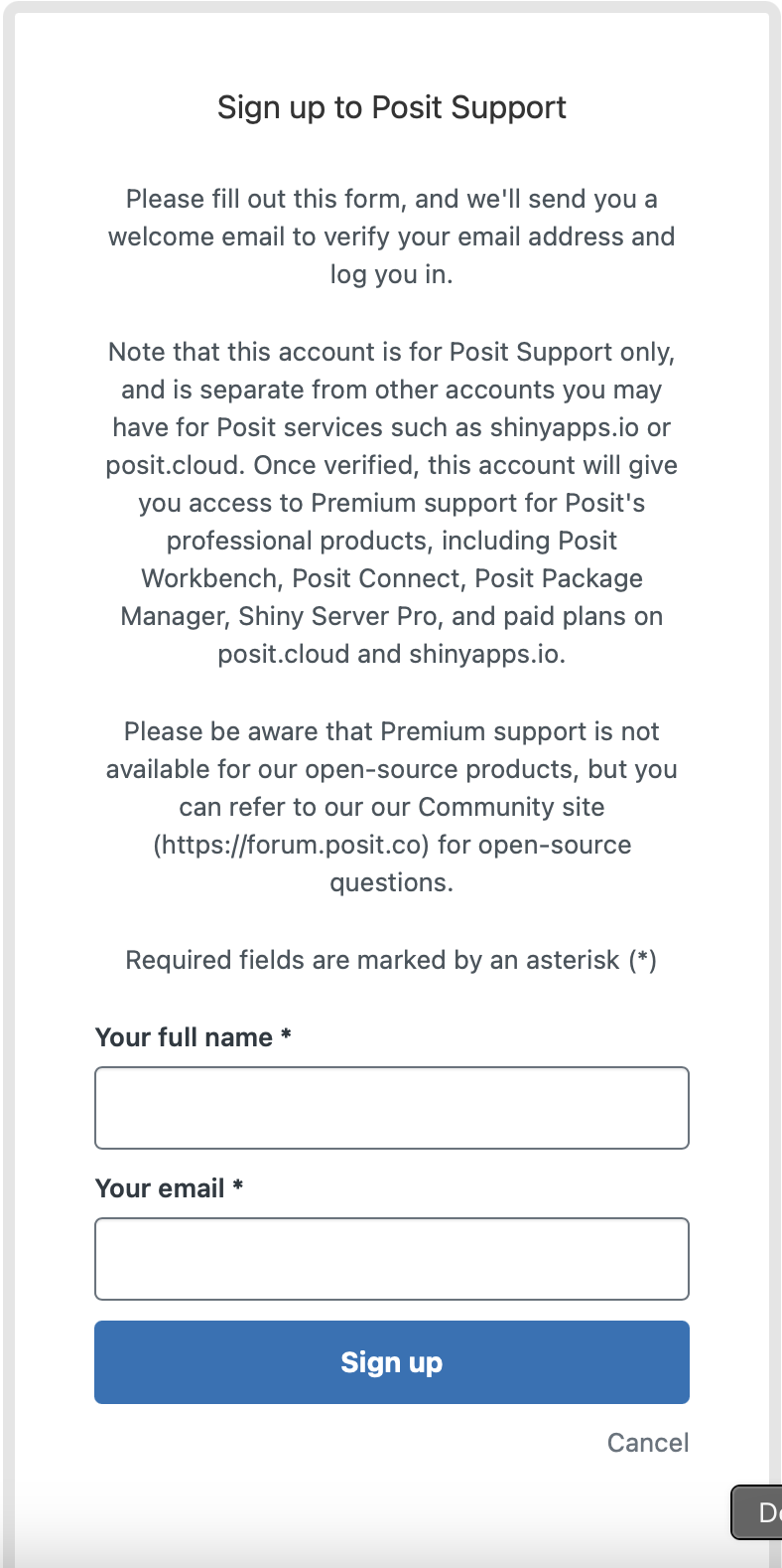 Sign up to Posit Support dialog explaining that the account is for Posit Support only and is separate from other Posit service accounts, with fields for full name and email