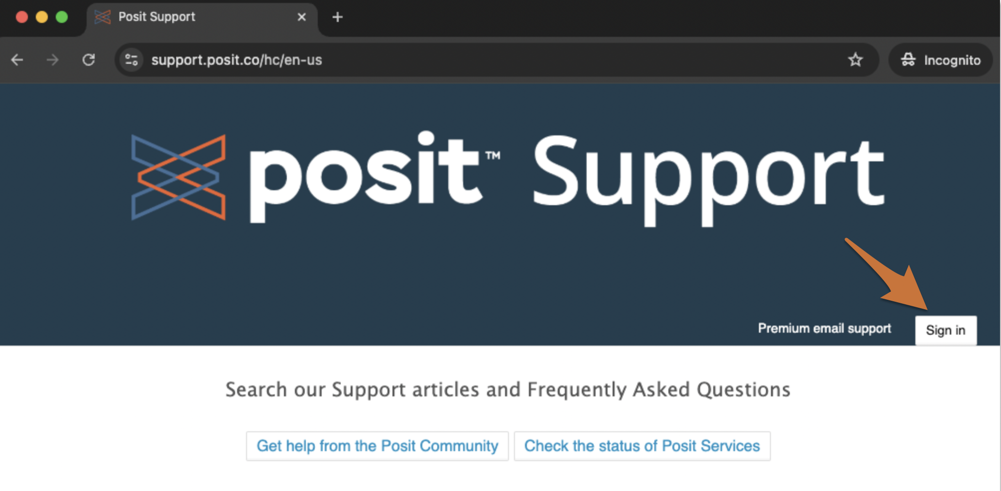 Posit Support homepage showing the Sign in button in the top right corner