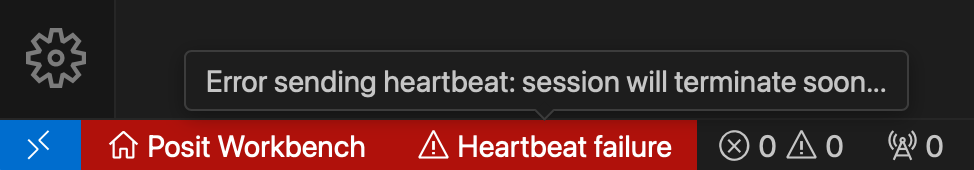 Error sending heartbeat: session will terminate soon... A screenshot of the VS Code IDE status bar. The bar is red and displays an error message indicating that the session heartbeat has failed. A tooltip of the status bar error reads: 'Error sending heartbeat: session will terminate soon...'